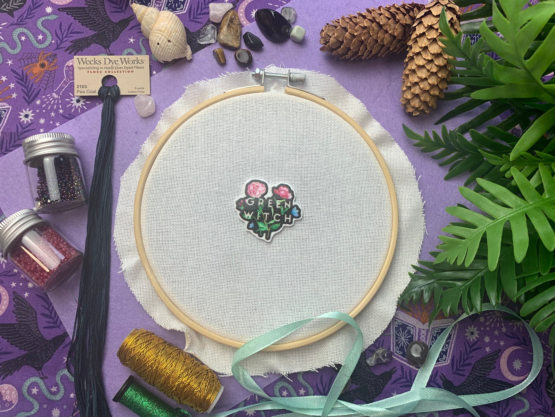 Green Witch Needleminder Cross Stitch Needle Holder Embroidery